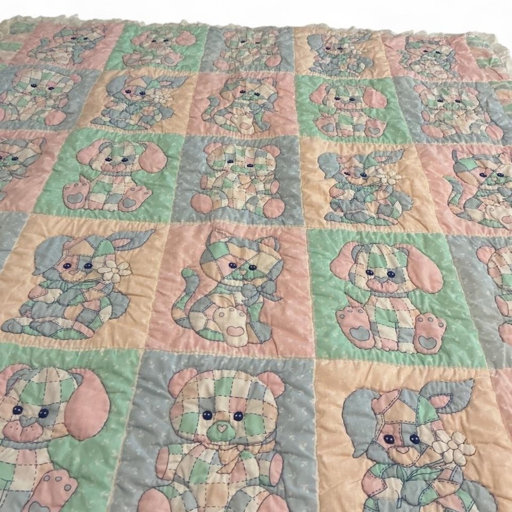 Unbranded Quilted Baby Blanket Kids OS Multicolor Excellent Vintage Animals Lace - Picture 2 of 7